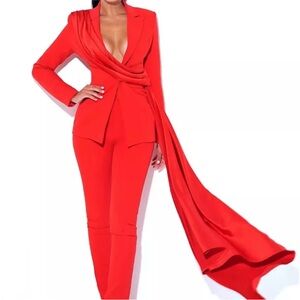 Red Draped Blazer Jumpsuit with Long Sash